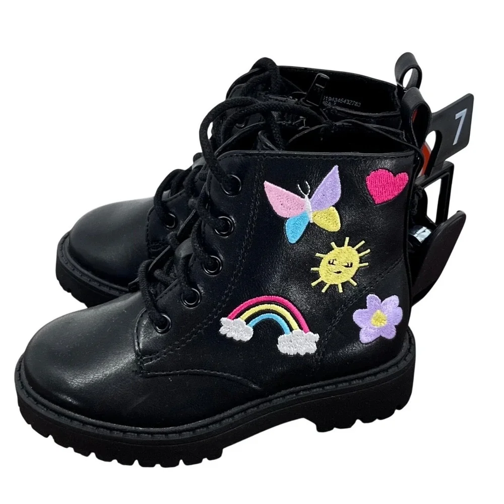 Wonder Nation Combat‎ Boots Girls Size 7 Black Rainbow Butterfly Patches Kidcore